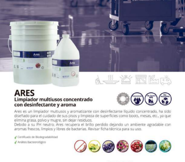 Ares - Es Un Limpiador Multiusos Con Desinfectante y Aroma, Líquido Concentrado Biodegradable Para Pisos.